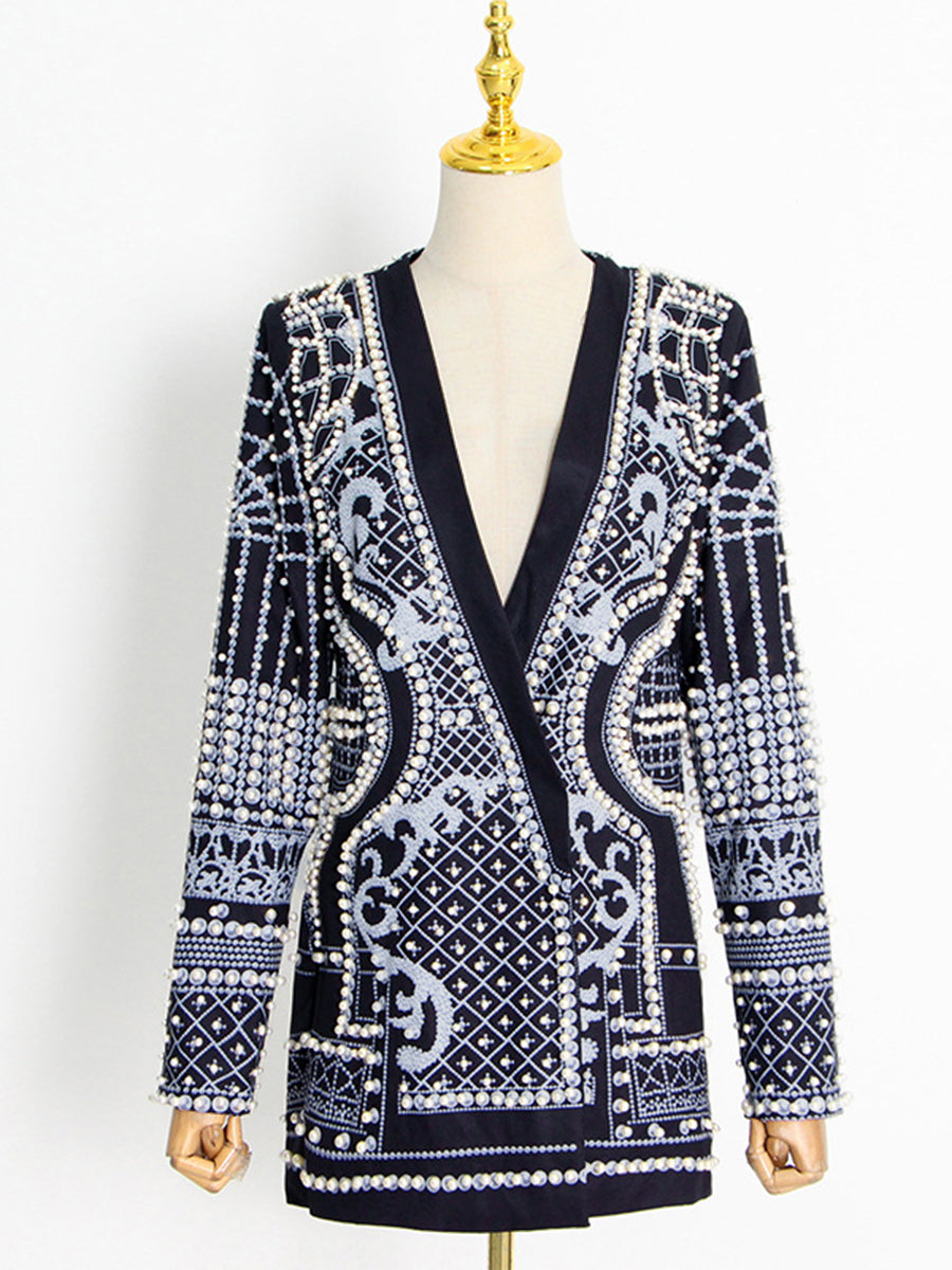 Women's embellished geometric blazer with V-neck lapels and long sleeves
