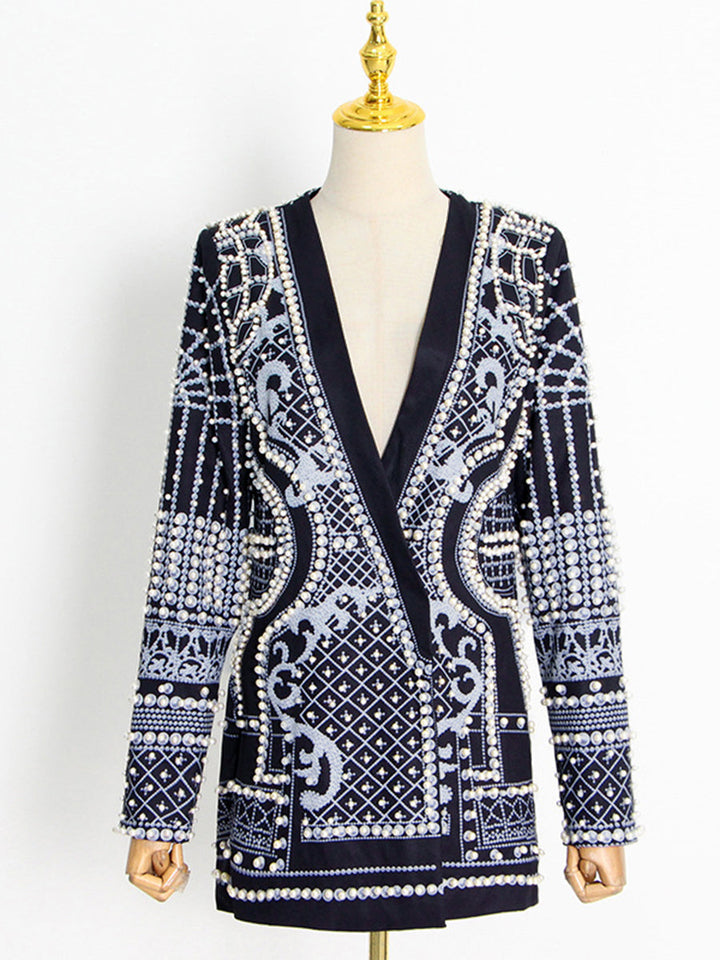 Women's embellished geometric blazer with V-neck lapels and long sleeves
