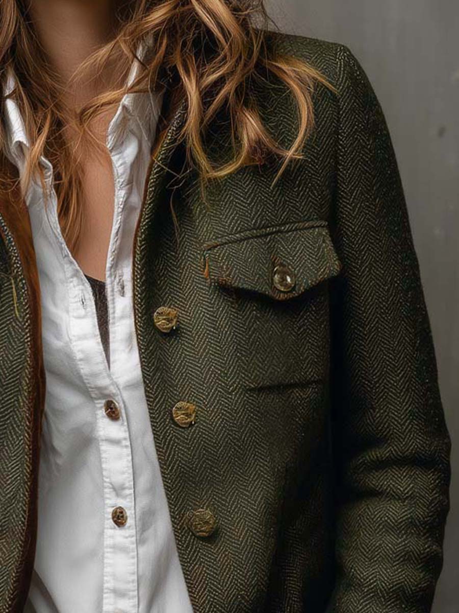 Women's green herringbone blazer with brown contrast trim and button front