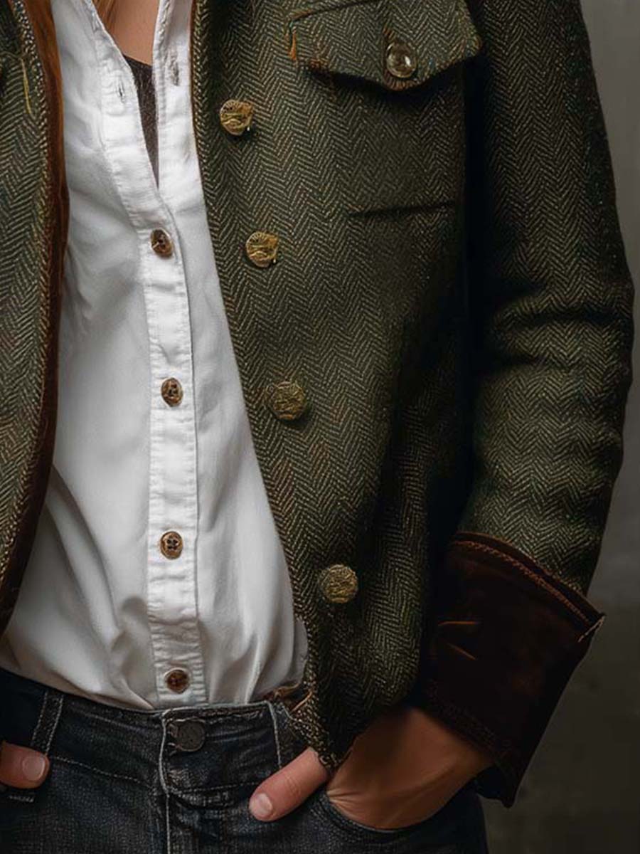 Women's green herringbone blazer with brown contrast trim and button front
