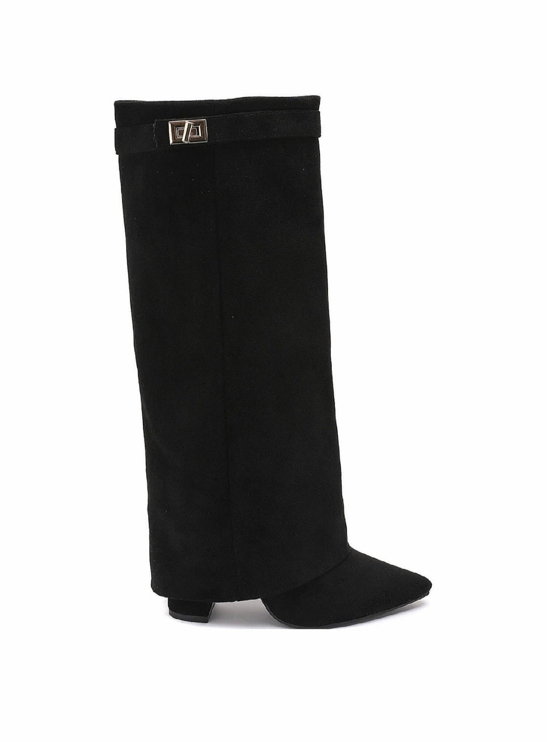 Black women's knee-high boots with pointed toes, low heels and buckle detail
