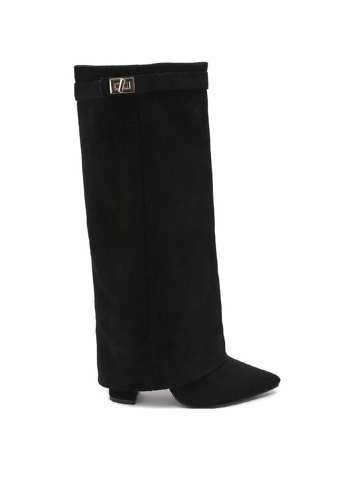 Black women's knee-high boots with pointed toes, low heels and buckle detail
