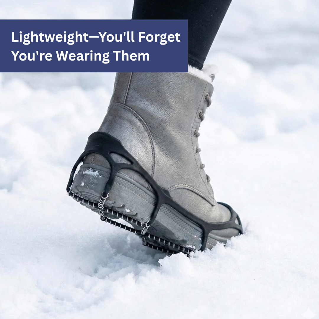 Stretch-fit ice cleats with linked traction coils fitted over a lace-up boot