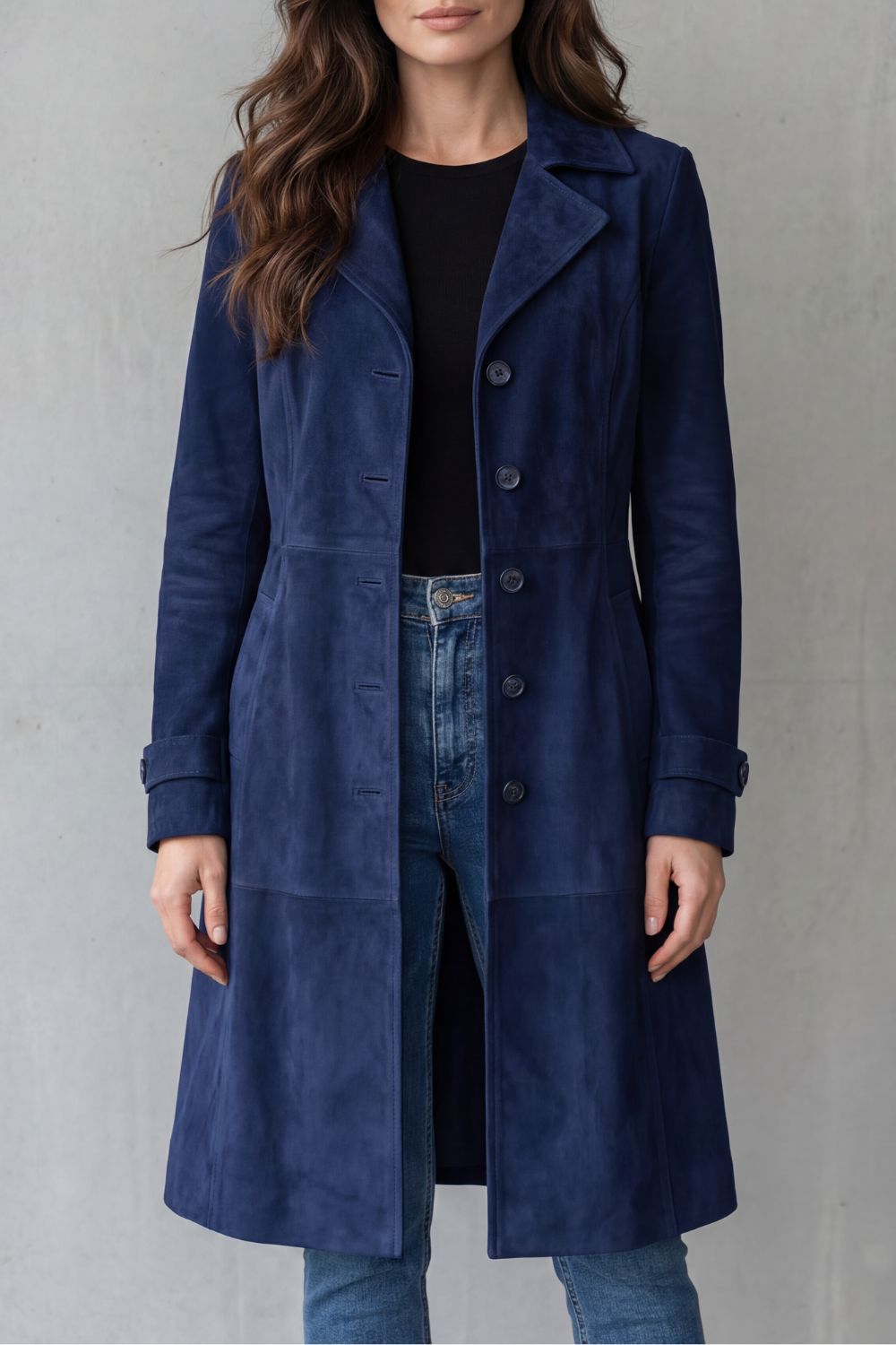 Women's longline coat with suede finish, notched lapels, buttons and front pockets