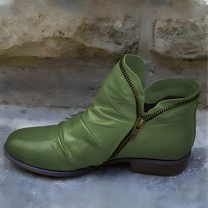 Women's ankle boots with ruched upper, side zipper and low heel