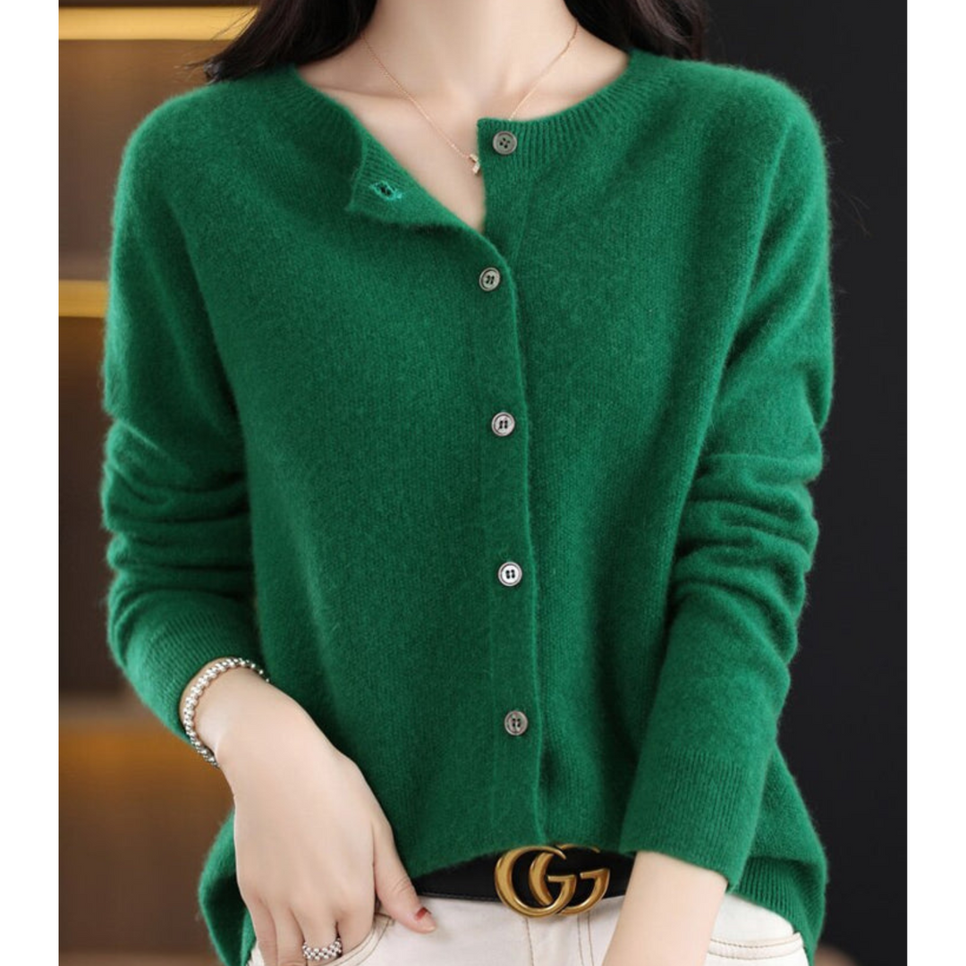 Women's plain crew neck button front cardigan with long sleeves