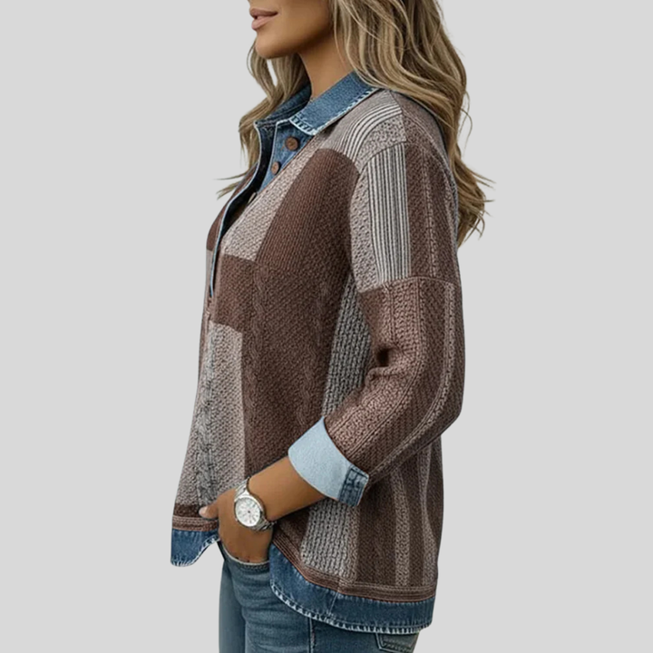 Women's patchwork collared sweatshirt with long sleeves and button placket