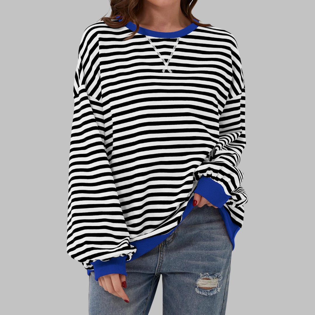 Women's striped crew neck sweatshirt with long sleeves and ribbed trims