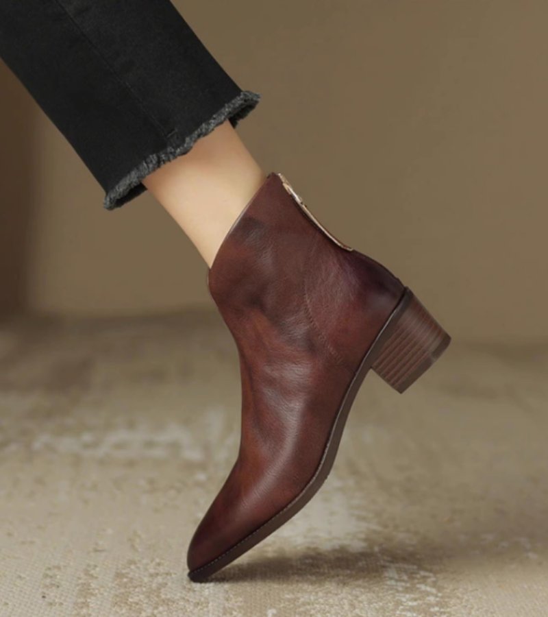 Women's pointed toe ankle boots with angled topline and block heel