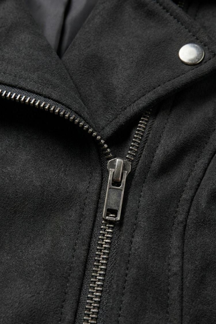 Women's cropped biker jacket with notched lapels, long sleeves and zip pockets