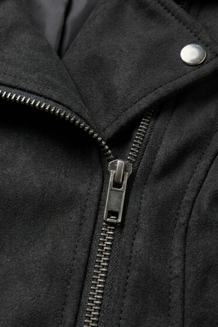 Women's cropped biker jacket with notched lapels, long sleeves and zip pockets