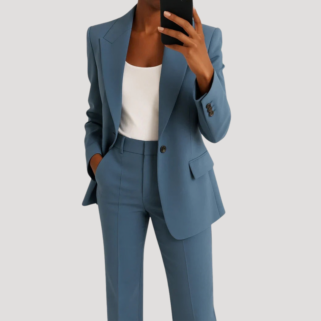 Women's tailored two-piece suit with notched blazer and straight-leg trousers