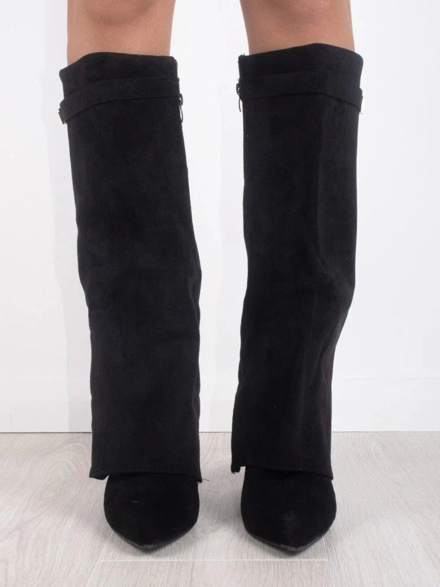 Women's knee-high pointed-toe boots with block heels and side zippers