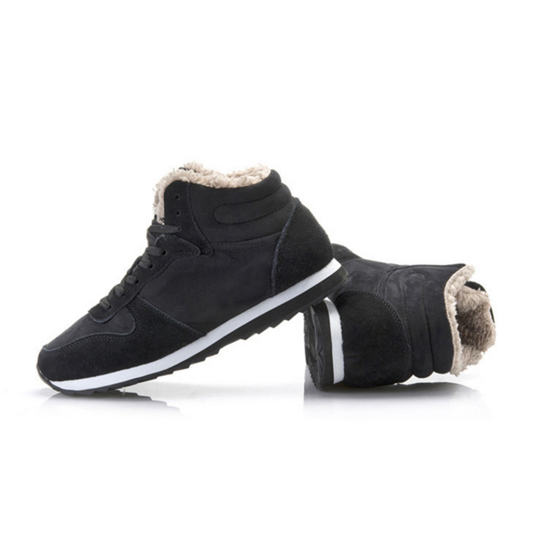 High-top lace-up sneaker boots with faux-fur collars and contrasting midsoles