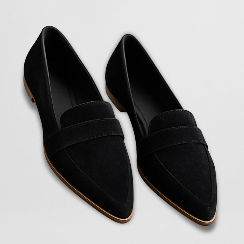 Women's pointed toe loafers with penny strap detail and flat soles