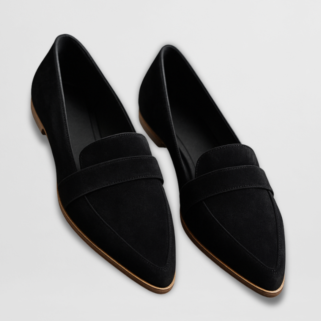 Women's pointed toe loafers with penny strap detail and flat soles
