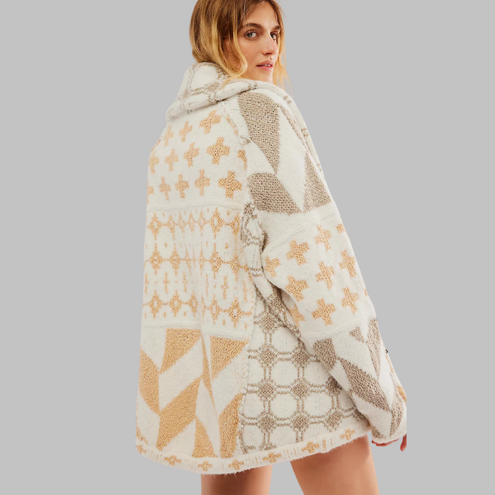 Women's oversized geometric button front cardigan with shawl collar and long sleeves