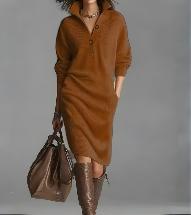 Women's ribbed knit midi dress with raised collar, button front and long sleeves