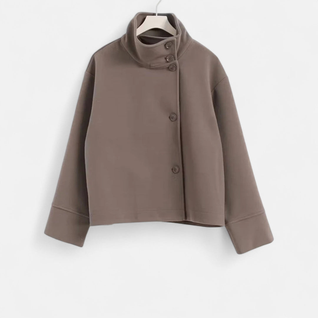 Women's short button-front coat with high collar and long sleeves