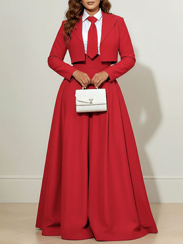 Women's solid cropped blazer with notched lapel collar and long sleeves