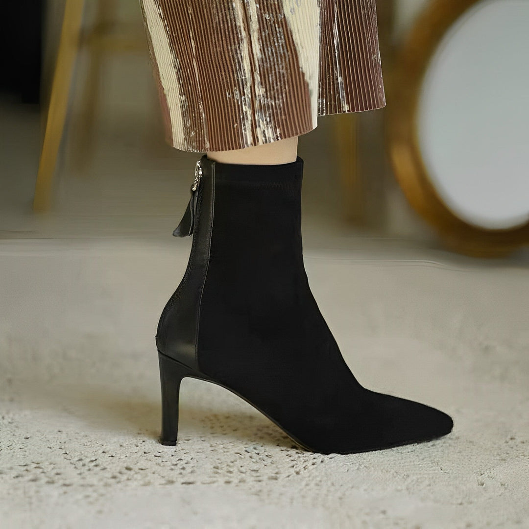 Women's pointed-toe ankle boots with high heels and side zips