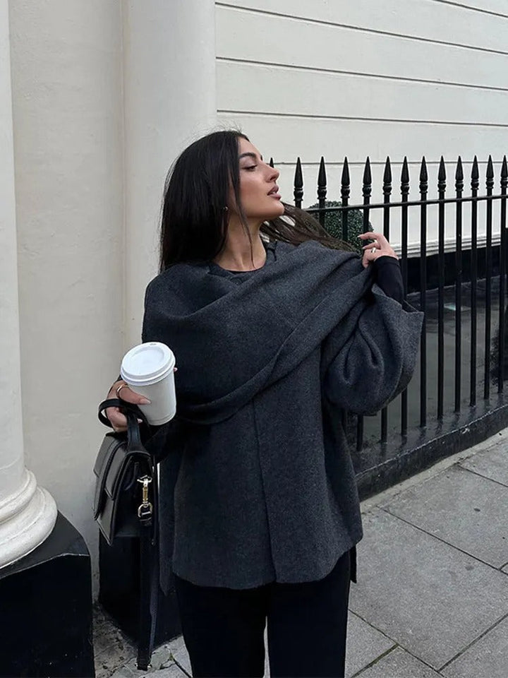 Women's hooded cape coat with draped collar and wide sleeves