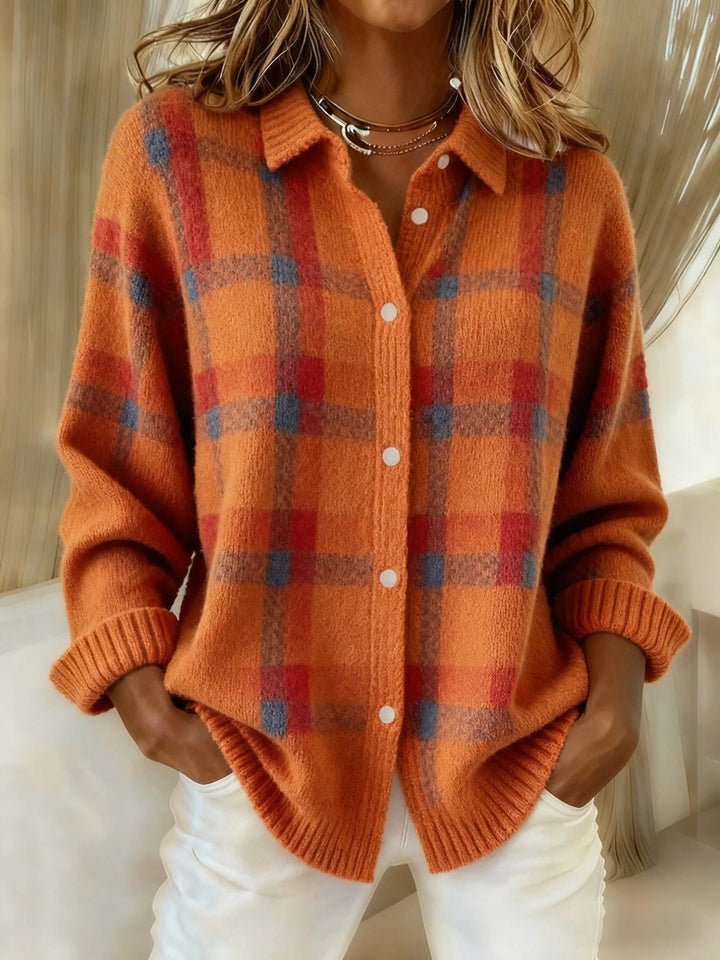 Women's checked button-front knit sweater with collared neckline and long sleeves