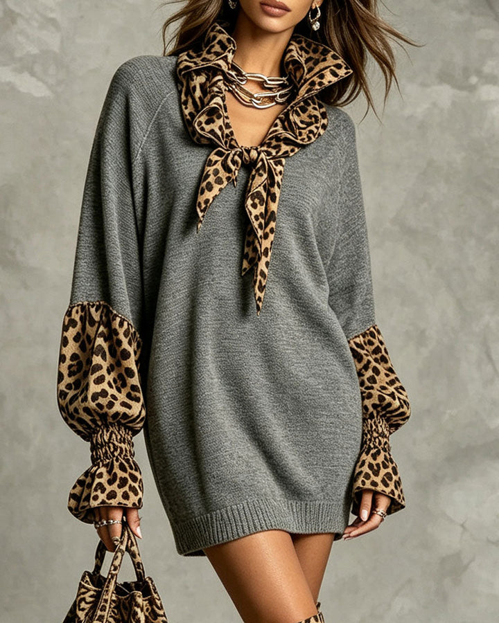 Women's gray sweater mini dress with leopard print scarf collar and cuffs