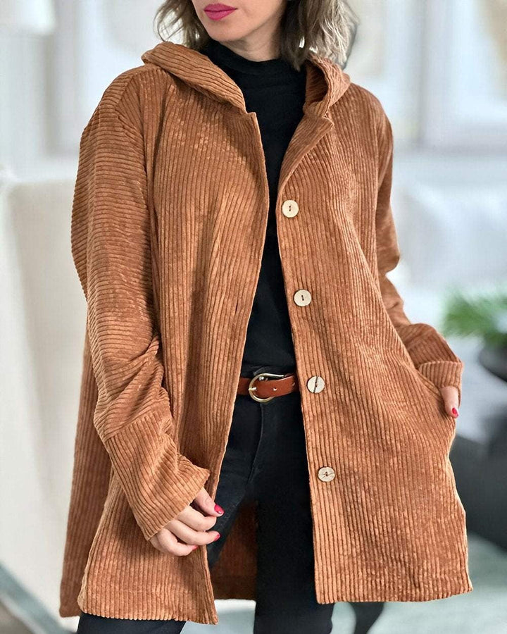 Women's hooded ribbed longline jacket with button front and angled pockets