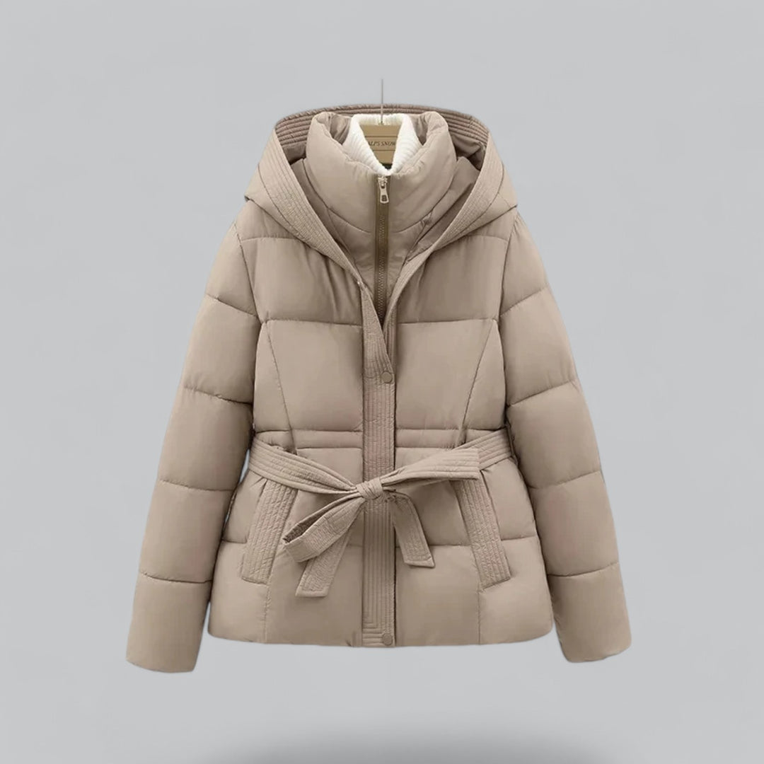 Women's hooded quilted puffer parka with belted waist and front pockets