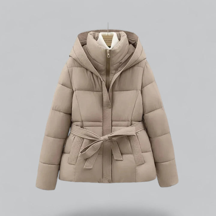Women's hooded quilted puffer parka with belted waist and front pockets