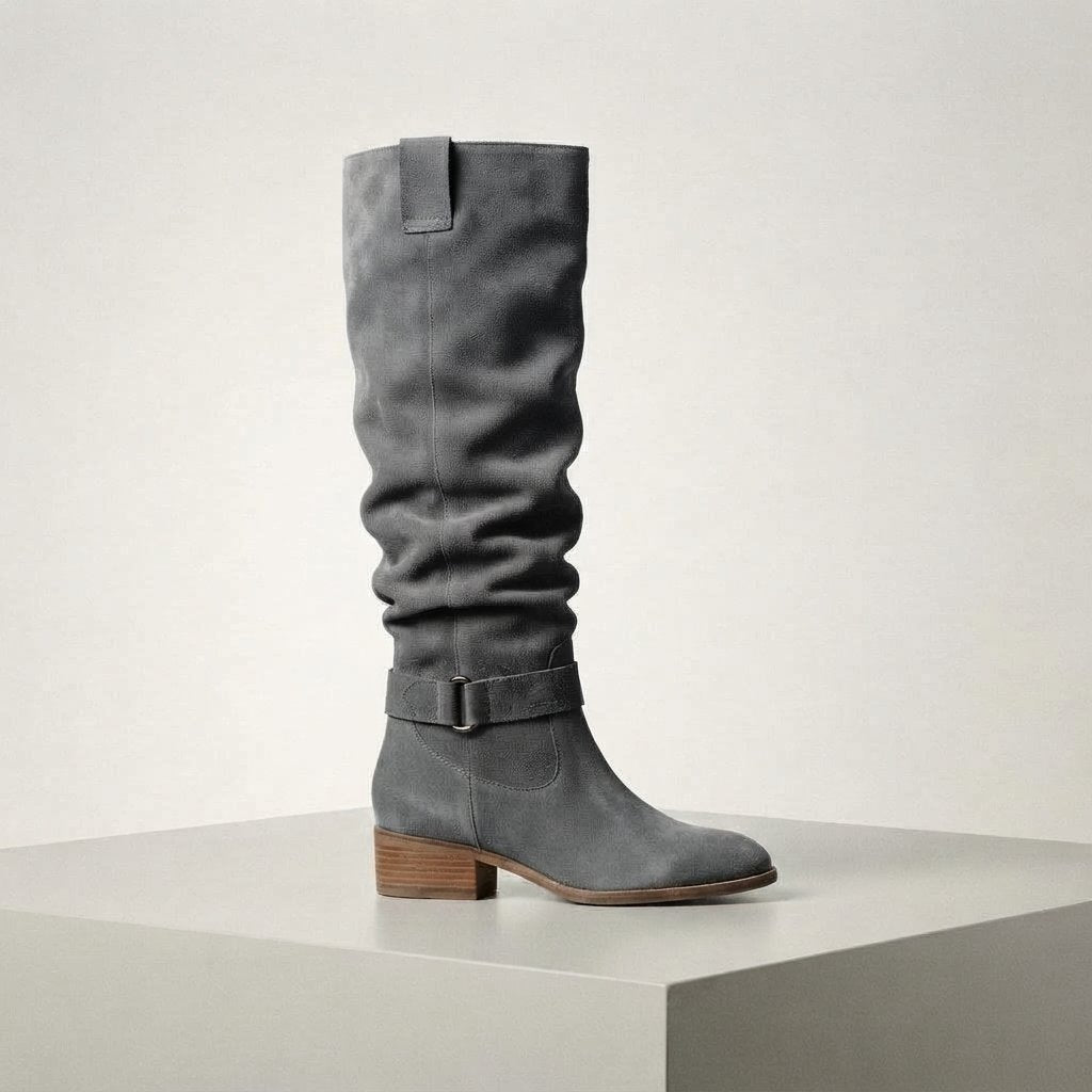 Women's slouch knee-high boots with low block heel and buckle strap