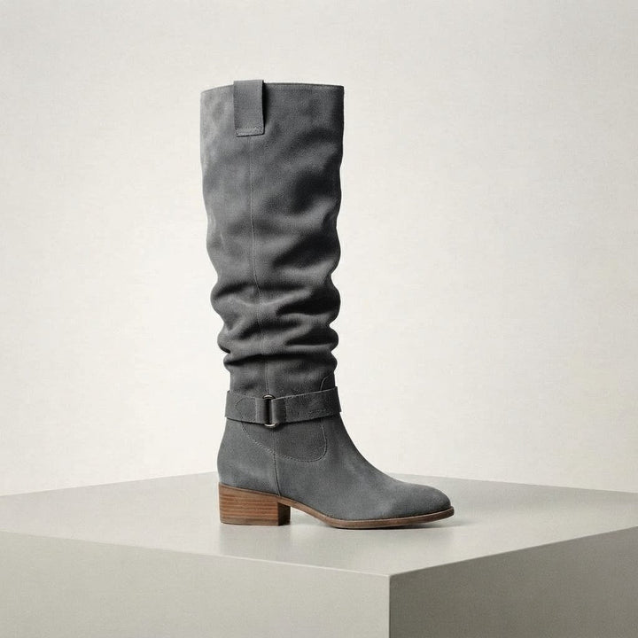 Women's slouch knee-high boots with low block heel and buckle strap