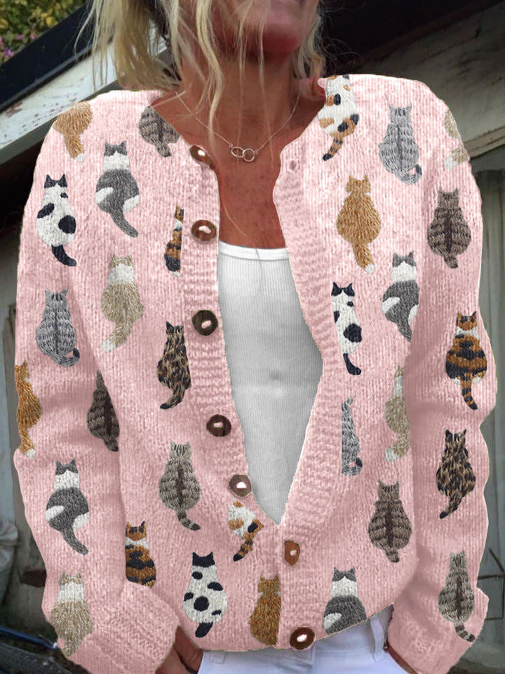 Women's cat print knit cardigan with button front and long sleeves