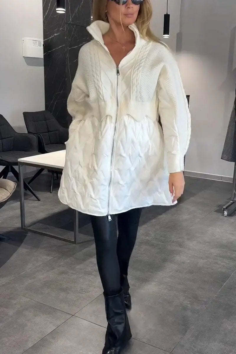 Women's hooded quilted hybrid jacket with textured upper panel and zip front