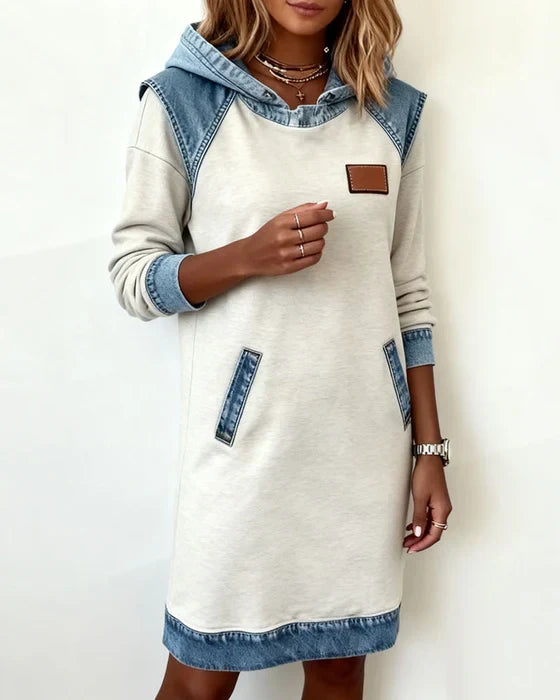 Women's hooded sweatshirt dress with long sleeves and contrast blue trim