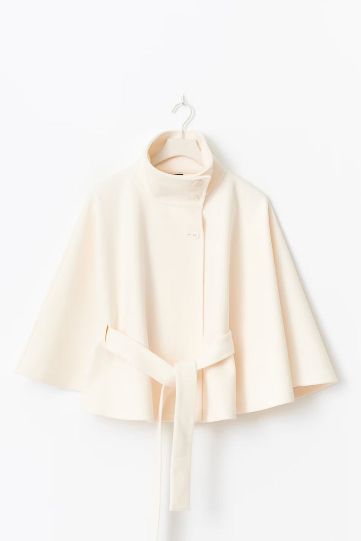 Women's belted cape coat with high collar and wide sleeves