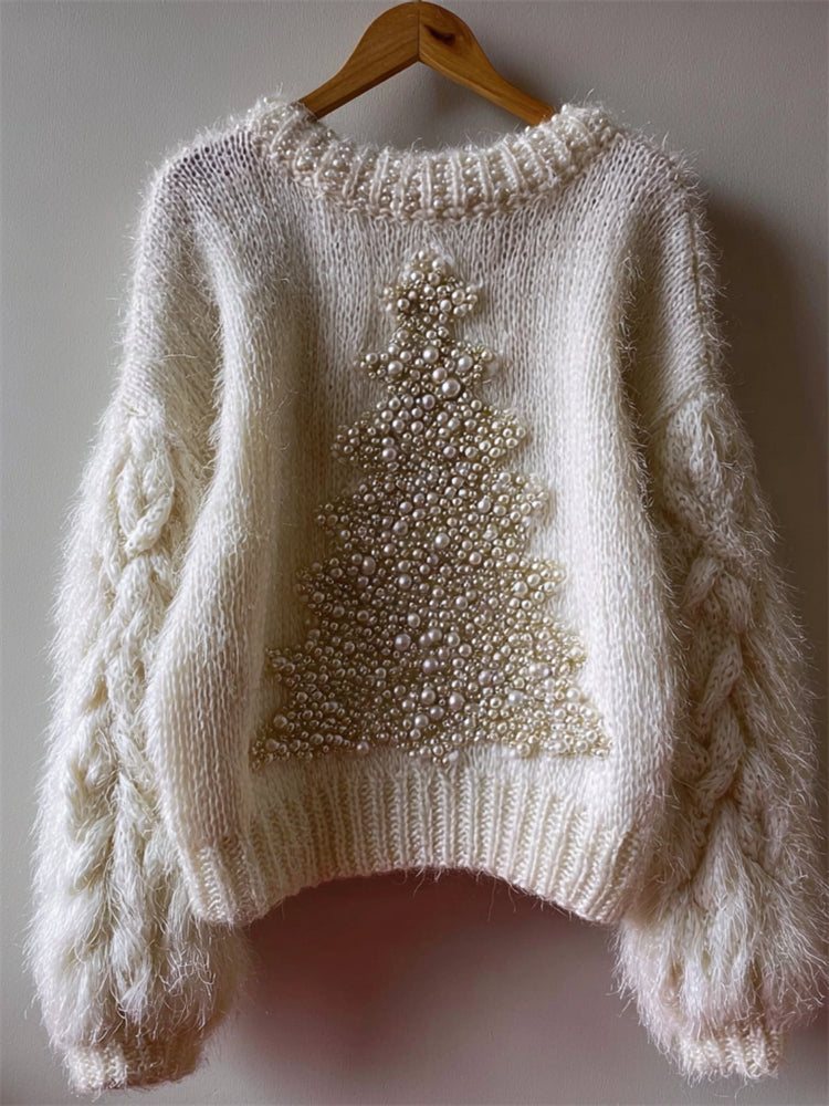 White women's jumper with beaded Christmas tree motif and textured long sleeves