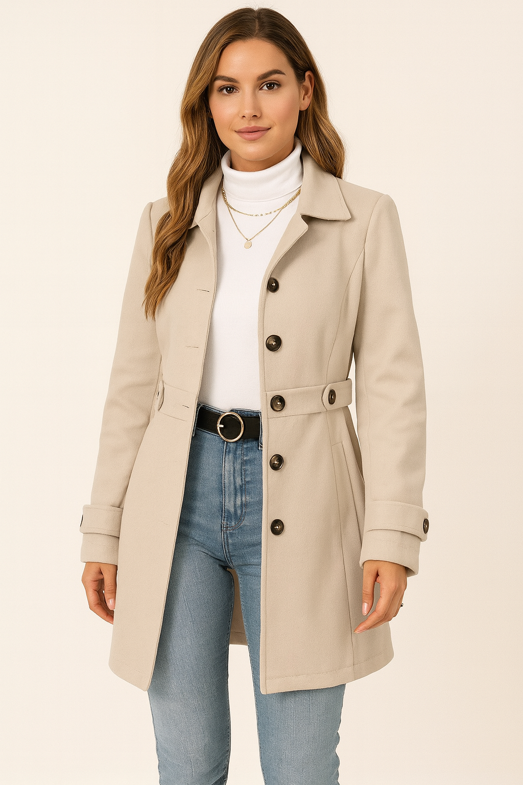 Women's belted trench coat with notched lapel, long sleeves and button front