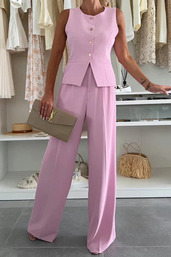Two-piece Outfit for Women | Button Vest Wide Leg Pants