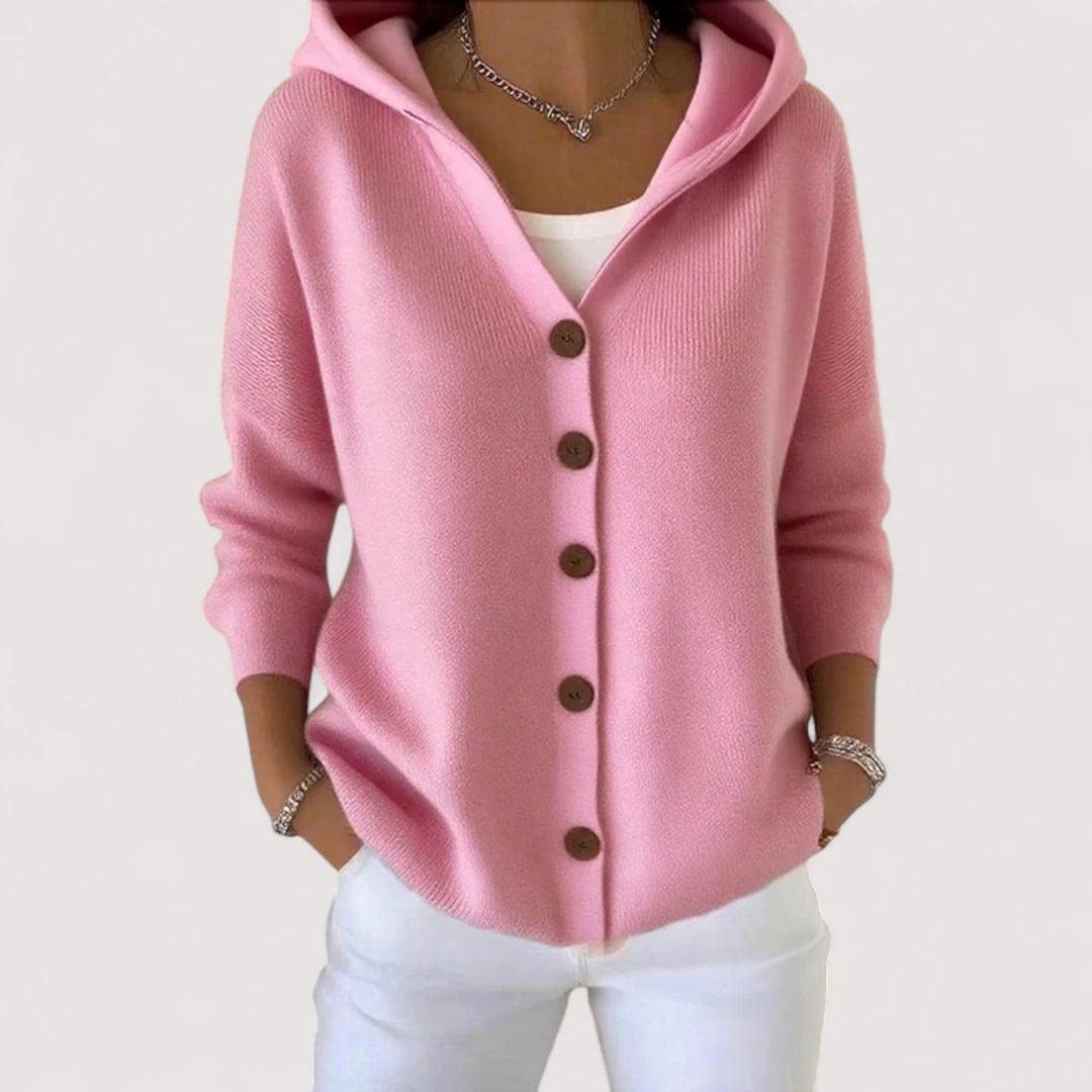 Women's hooded button cardigan with long sleeves and front pockets