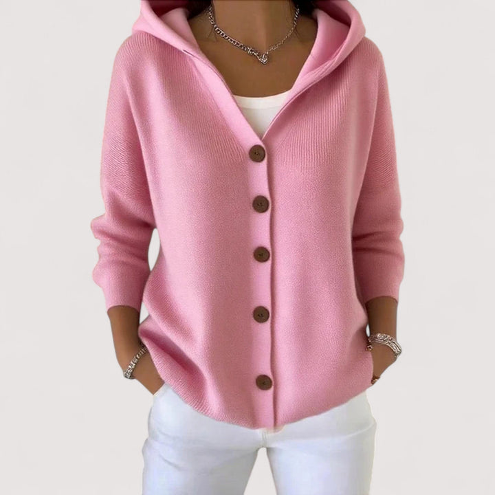 Women's hooded button cardigan with long sleeves and front pockets