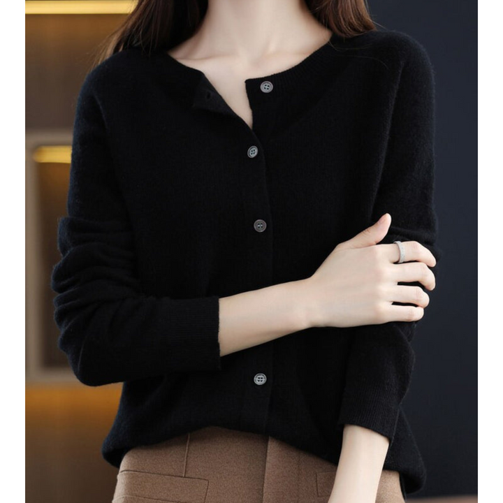 Women's plain crew neck button front cardigan with long sleeves