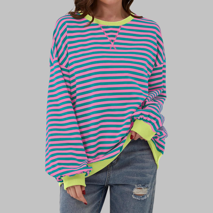 Women's striped crew neck sweatshirt with long sleeves and ribbed trims