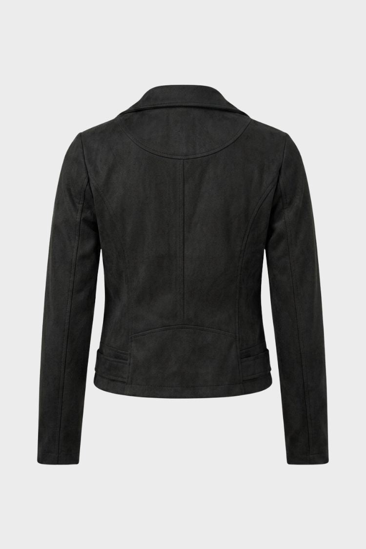 Women's cropped biker jacket with notched lapels, long sleeves and zip pockets