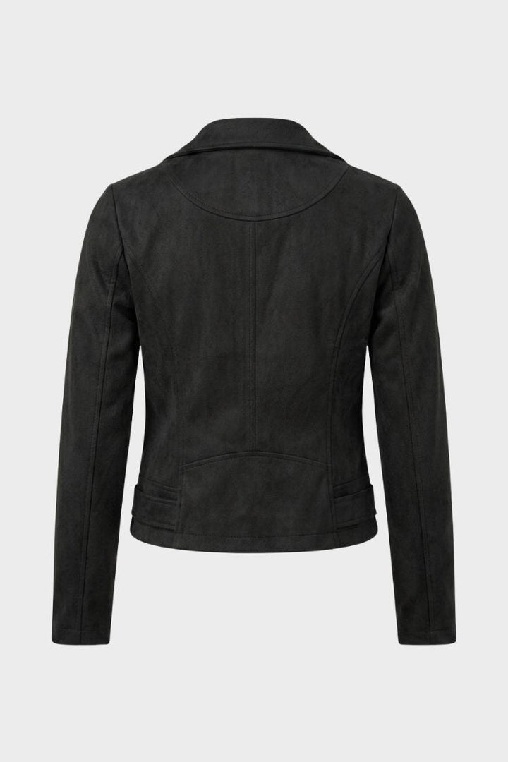 Women's cropped biker jacket with notched lapels, long sleeves and zip pockets