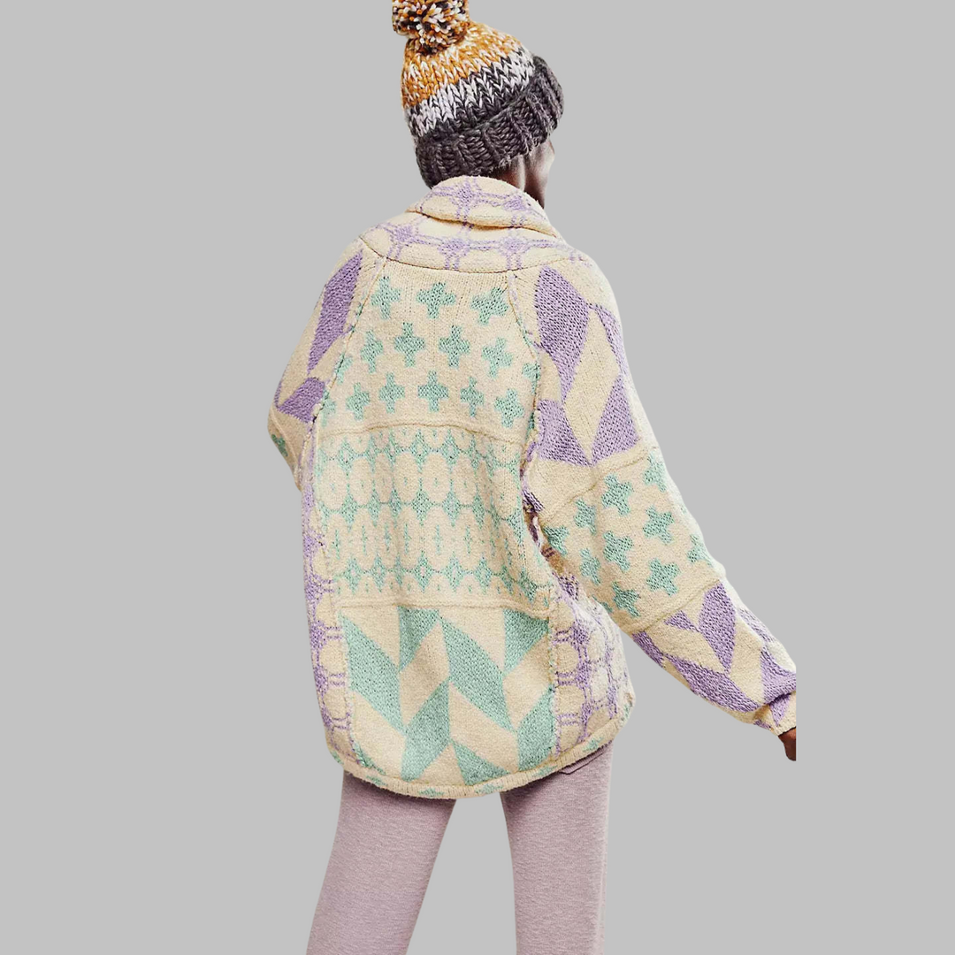 Women's oversized geometric button front cardigan with shawl collar and long sleeves