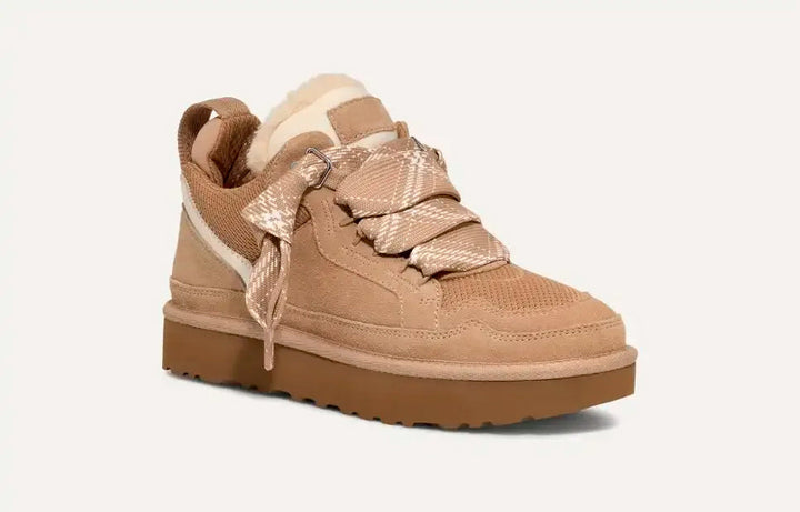 Women's beige high-top sneakers with patterned laces and platform soles