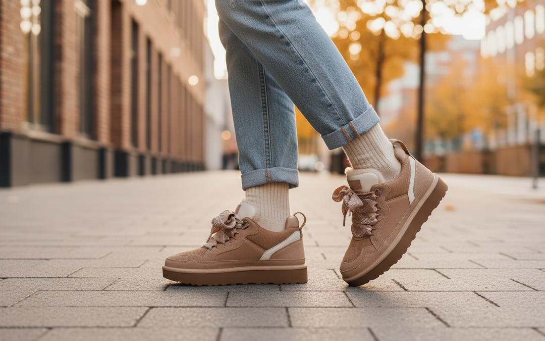 Women's beige high-top sneakers with patterned laces and platform soles