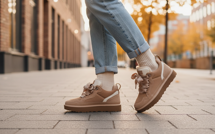 Women's beige high-top sneakers with patterned laces and platform soles